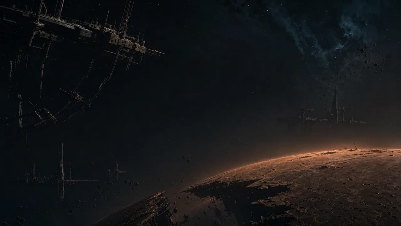 Orbital ruins above the edge of a rust-colored moon
